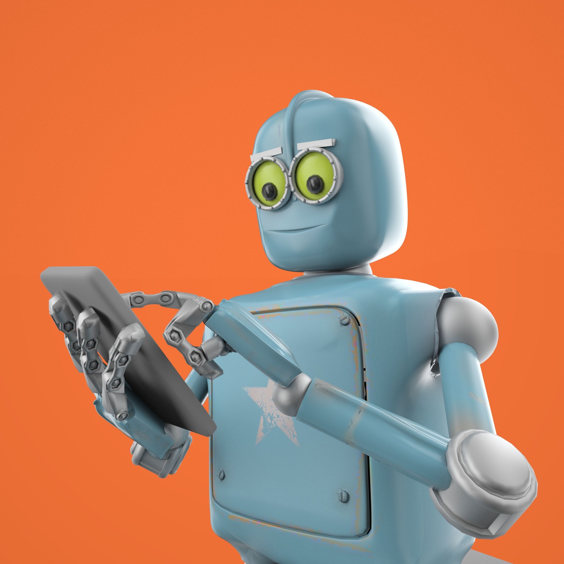 Retro robot sits and reads smartphone. New technologies and progress. 3d render.